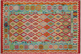 handmade Geometric Kilim Red Blue Hand-Woven RECTANGLE 100% WOOL area rug 8 x 10