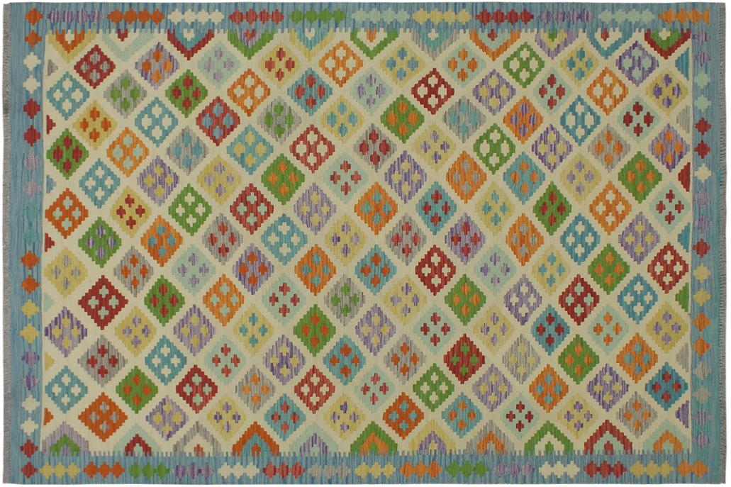 Flat Weave Kilim, Antique, Navaho, Vintage, Handmade, Modern Kilim Beige Blue Hand-Woven Rectangle 100% Wool Area Rug 6 x 8