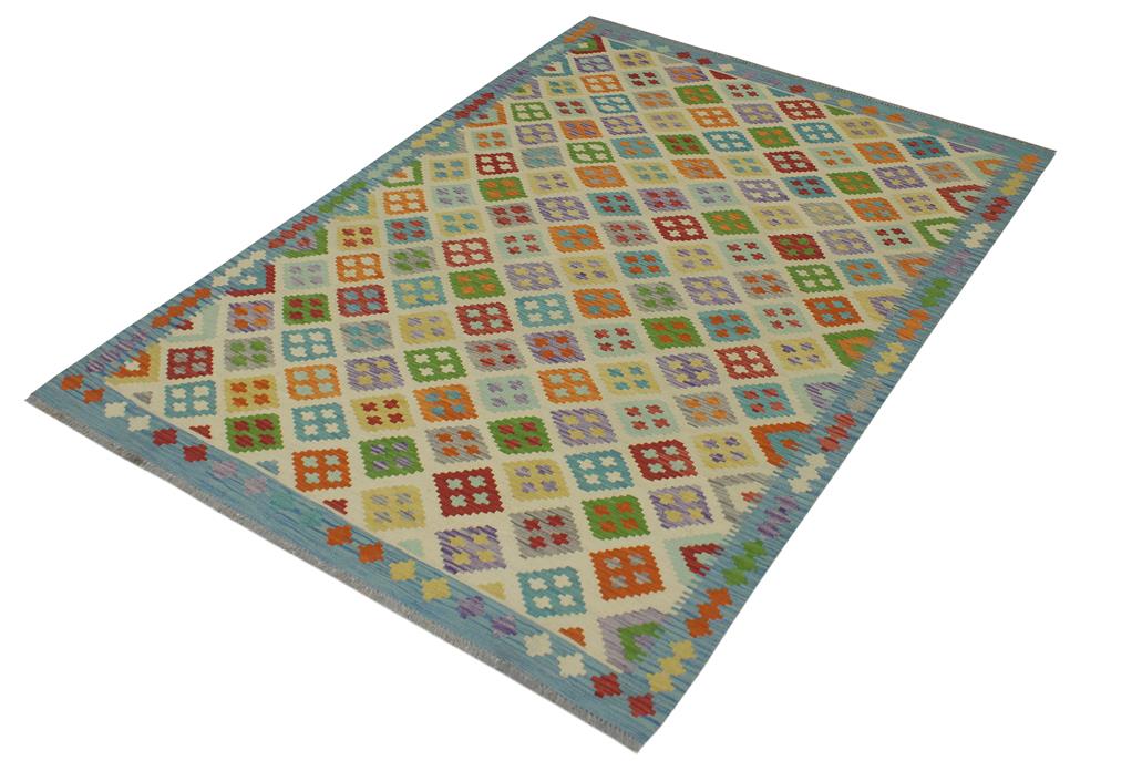 Flat Weave Kilim, Antique, Navaho, Vintage, Handmade, Modern Kilim Beige Blue Hand-Woven Rectangle 100% Wool Area Rug 6 x 8
