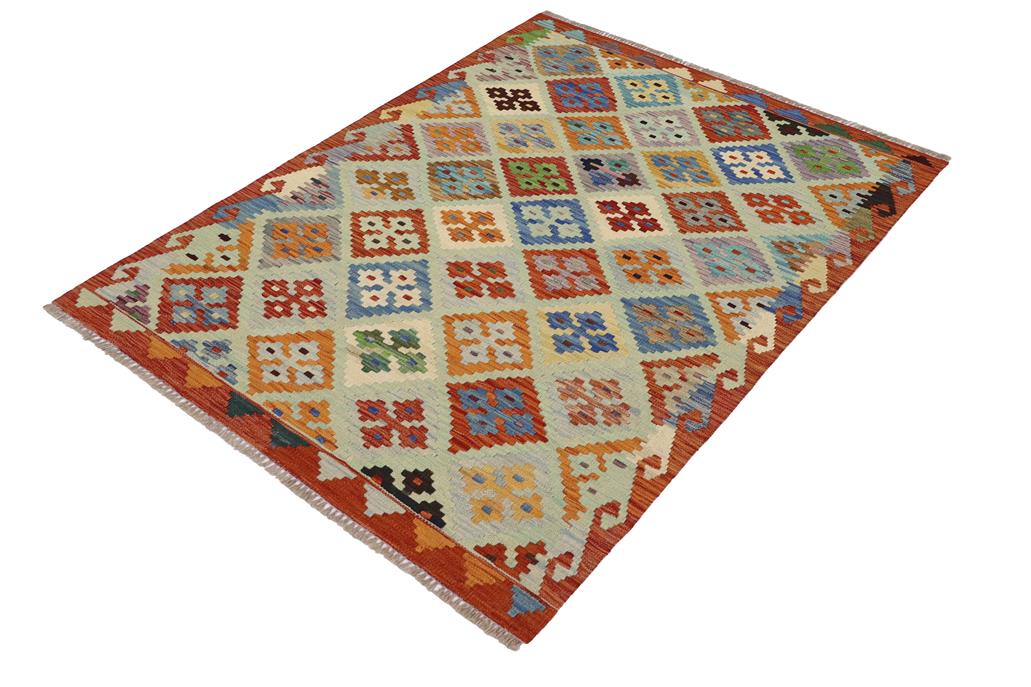 Flat Weave Kilim, Antique, Navaho, Vintage, Handmade, Geometric Kilim Blue Rust Hand-Woven Rectangle 100% Wool Area Rug 3 x 5