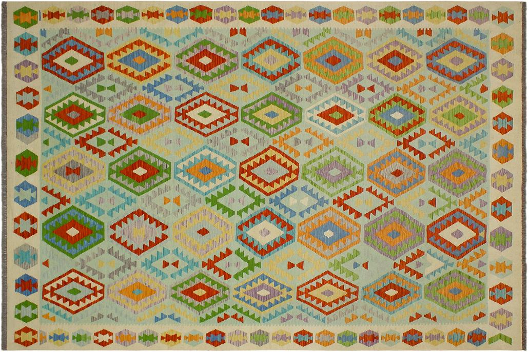 Flat Weave Kilim, Antique, Navaho, Vintage, Handmade, Geometric Kilim Blue Beige Hand-Woven Rectangle 100% Wool Area Rug 8 x 10