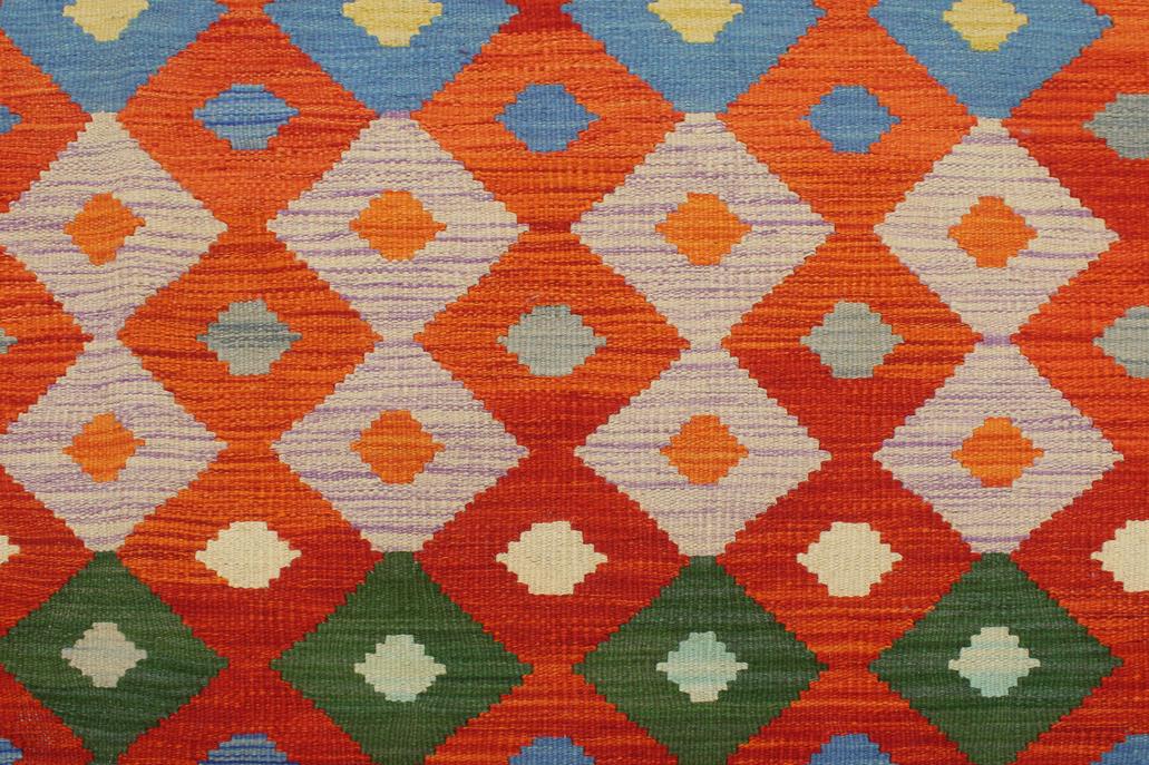 Flat Weave Kilim, Antique, Navaho, Vintage, Handmade, Modern Kilim Rust Blue Hand-Woven Rectangle 100% Wool Area Rug 8 x 10