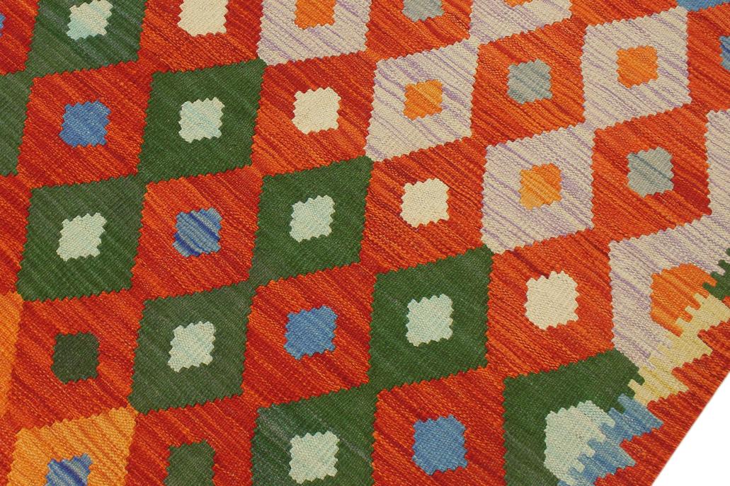 Flat Weave Kilim, Antique, Navaho, Vintage, Handmade, Modern Kilim Rust Blue Hand-Woven Rectangle 100% Wool Area Rug 8 x 10