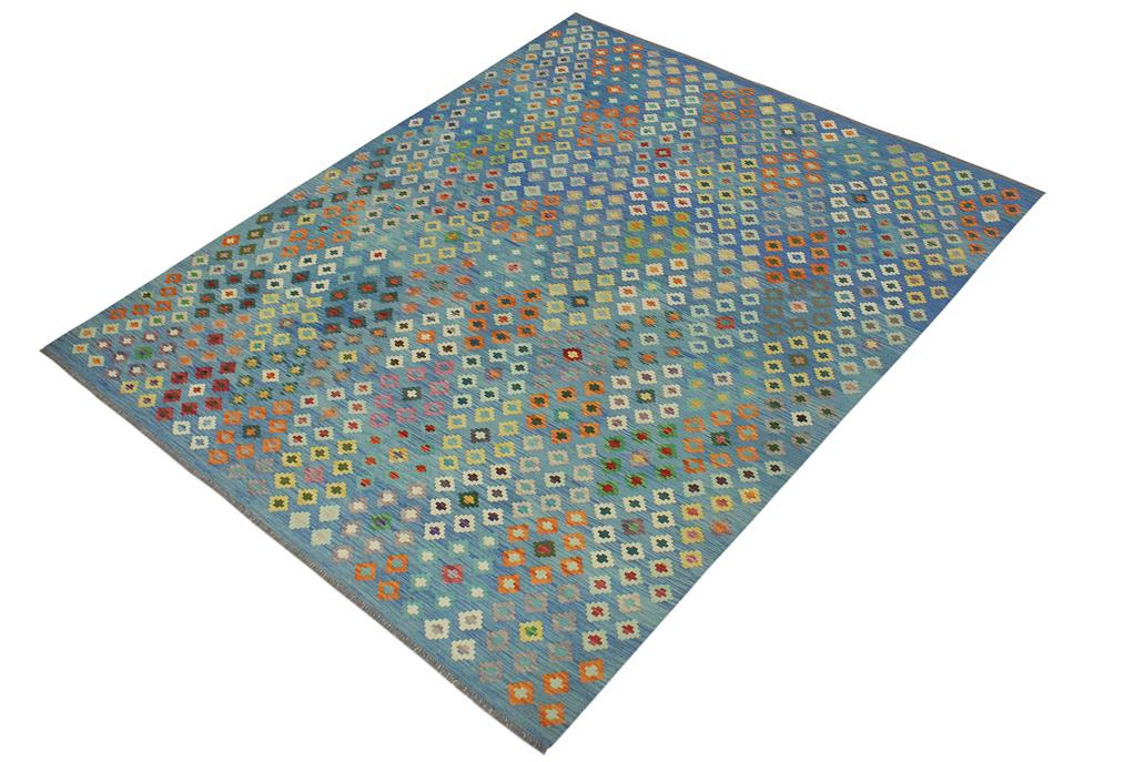 Flat Weave Kilim, Antique, Navaho, Vintage, Handmade, Modern Kilim Blue Red Hand-Woven Rectangle 100% Wool Area Rug 8 x 10