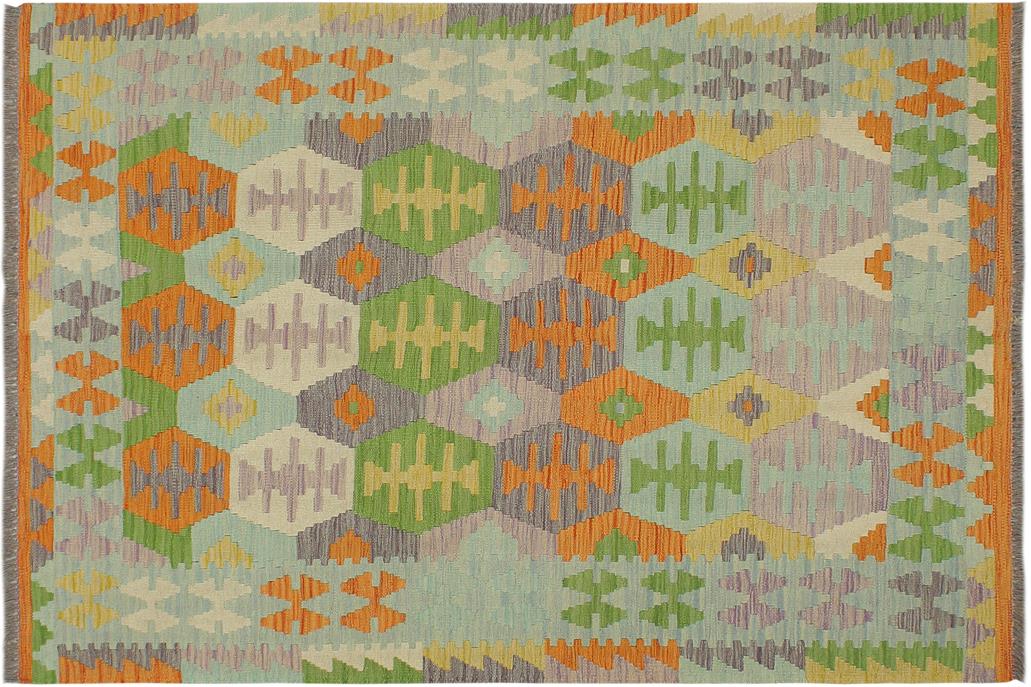 Flat Weave Kilim, Antique, Navaho, Vintage, Handmade, Geometric Kilim Blue Beige Hand-Woven Rectangle 100% Wool Area Rug 4 x 6