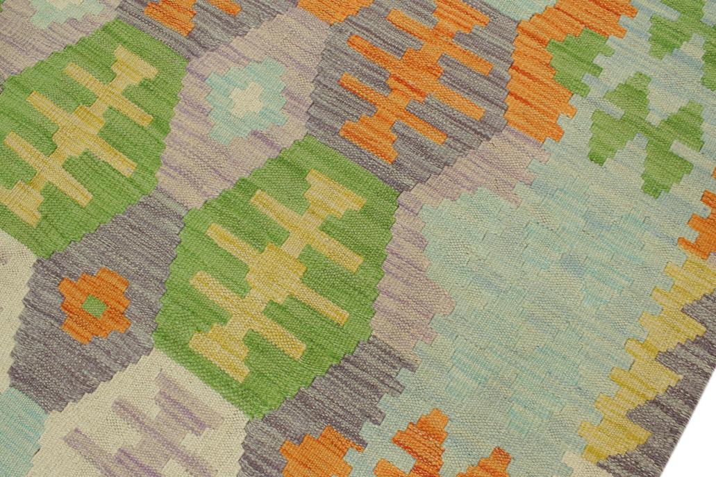 Flat Weave Kilim, Antique, Navaho, Vintage, Handmade, Geometric Kilim Blue Beige Hand-Woven Rectangle 100% Wool Area Rug 4 x 6