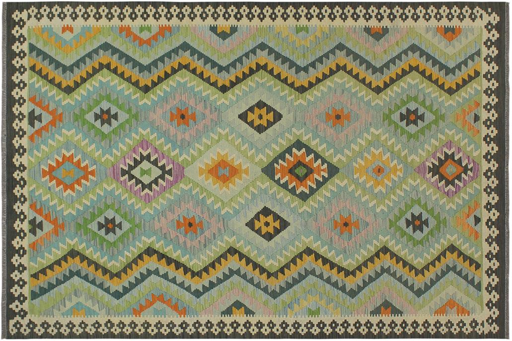 Flat Weave Kilim, Antique, Navaho, Vintage, Handmade, Geometric Kilim Blue Charcoal Hand-Woven Rectangle 100% Wool Area Rug 6 x 8