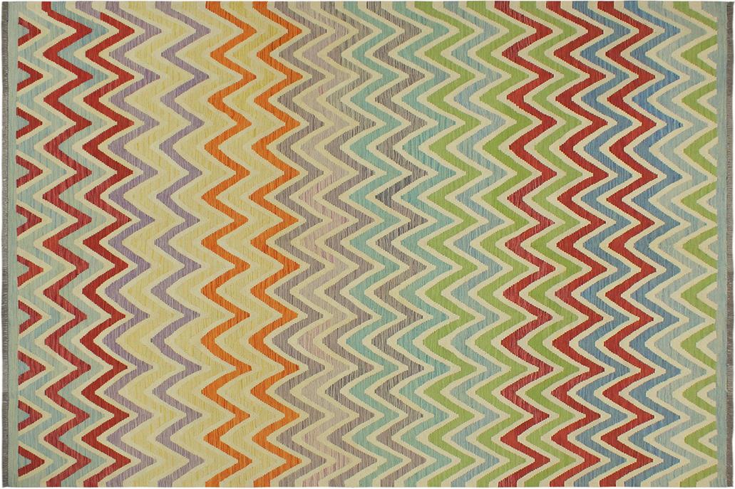 Flat Weave Kilim, Antique, Navaho, Vintage, Handmade, Modern Kilim Red Blue Hand-Woven Rectangle 100% Wool Area Rug 8 x 10