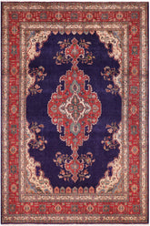 Vintage Antique Tabriz Hunter Blue/Red Wool Rug - 9'9''X12'8''