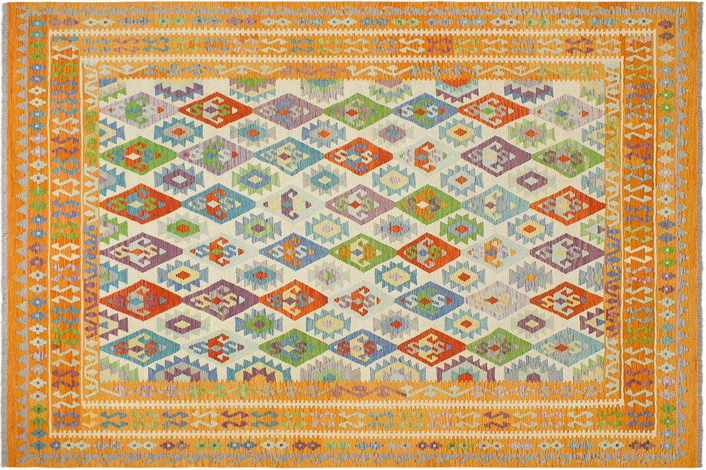 Flat Weave Kilim, Antique, Navaho, Vintage, Handmade, Geometric Kilim Beige Orange Hand-Woven Rectangle 100% Wool Area Rug 8 x 10