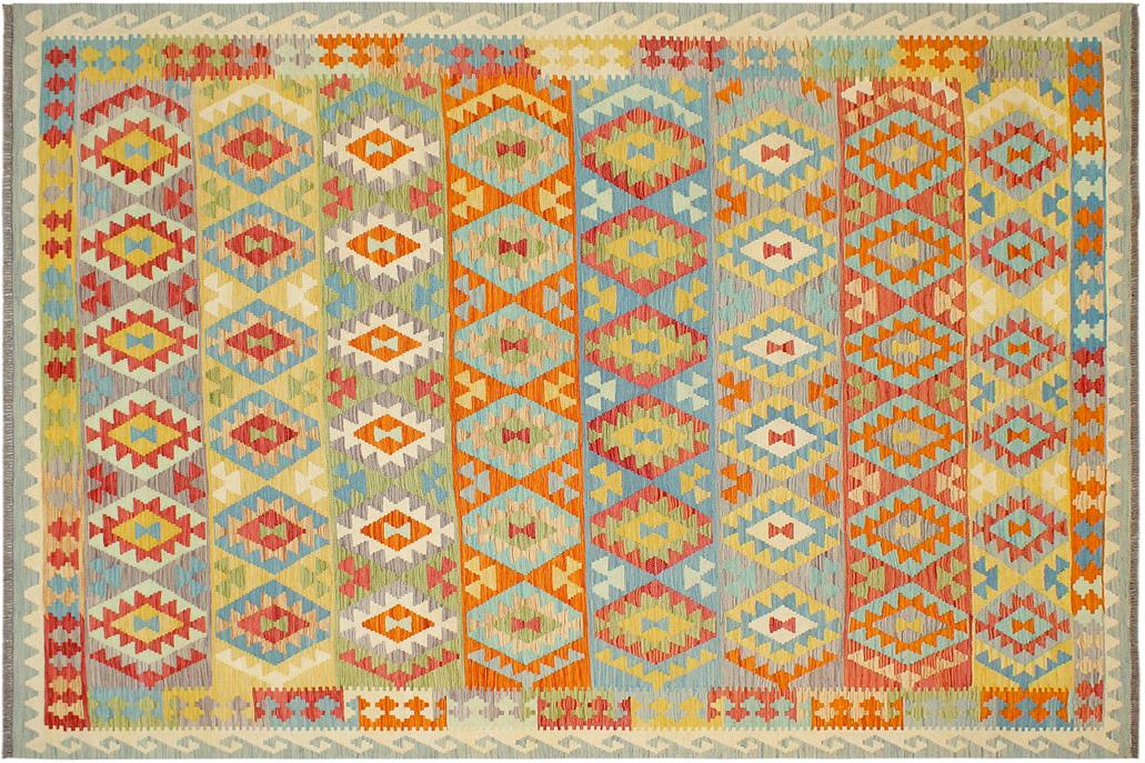 Flat Weave Kilim, Antique, Navaho, Vintage, Handmade, Geometric Kilim Blue Rust Hand-Woven Rectangle 100% Wool Area Rug 8 x 10