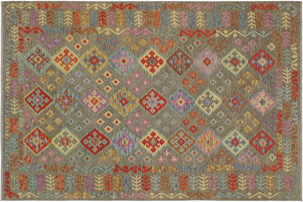 Flat Weave Kilim, Antique, Navaho, Vintage, Handmade, Geometric Kilim Brown Rust Hand-Woven Rectangle 100% Wool Area Rug 7 x 10