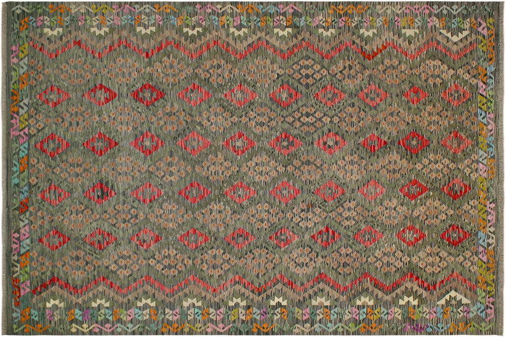 Flat Weave Kilim, Antique, Navaho, Vintage, Handmade, Geometric Kilim Green Red Hand-Woven Rectangle 100% Wool Area Rug 8 x 12