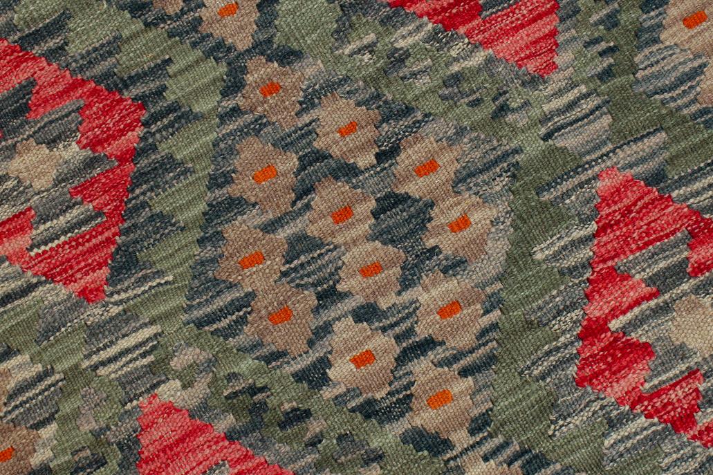 Flat Weave Kilim, Antique, Navaho, Vintage, Handmade, Geometric Kilim Green Red Hand-Woven Rectangle 100% Wool Area Rug 8 x 12
