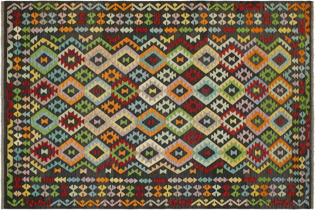 Flat Weave Kilim, Antique, Navaho, Vintage, Handmade, Geometric Kilim Charcoal Rust Hand-Woven Rectangle 100% Wool Area Rug 7 x 10