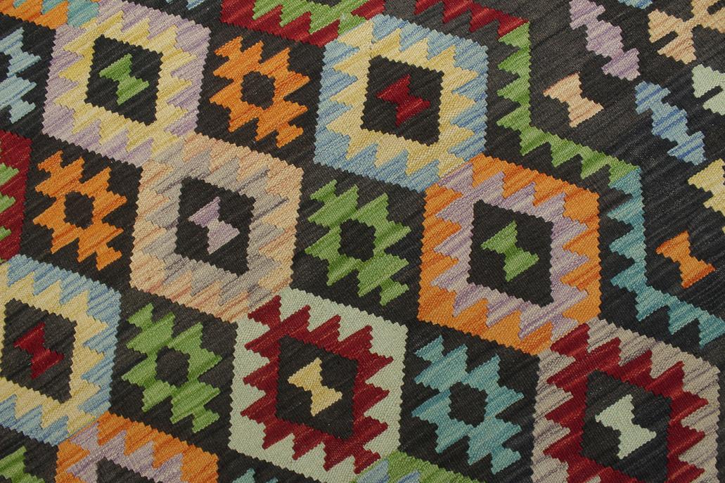 Flat Weave Kilim, Antique, Navaho, Vintage, Handmade, Geometric Kilim Charcoal Rust Hand-Woven Rectangle 100% Wool Area Rug 7 x 10