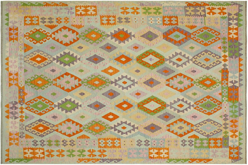 Flat Weave Kilim, Antique, Navaho, Vintage, Handmade, Geometric Kilim Blue Rust Hand-Woven Rectangle 100% Wool Area Rug 8 x 10