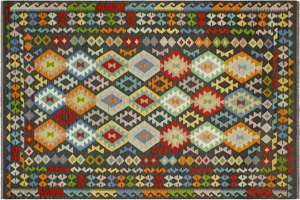 Flat Weave Kilim, Antique, Navaho, Vintage, Handmade, Geometric Kilim Charcoal Rust Hand-Woven Rectangle 100% Wool Area Rug 7 x 10
