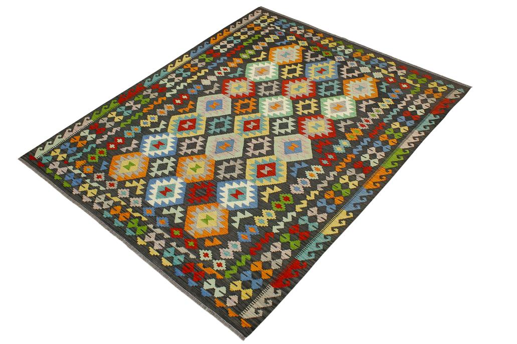 Flat Weave Kilim, Antique, Navaho, Vintage, Handmade, Geometric Kilim Charcoal Rust Hand-Woven Rectangle 100% Wool Area Rug 7 x 10
