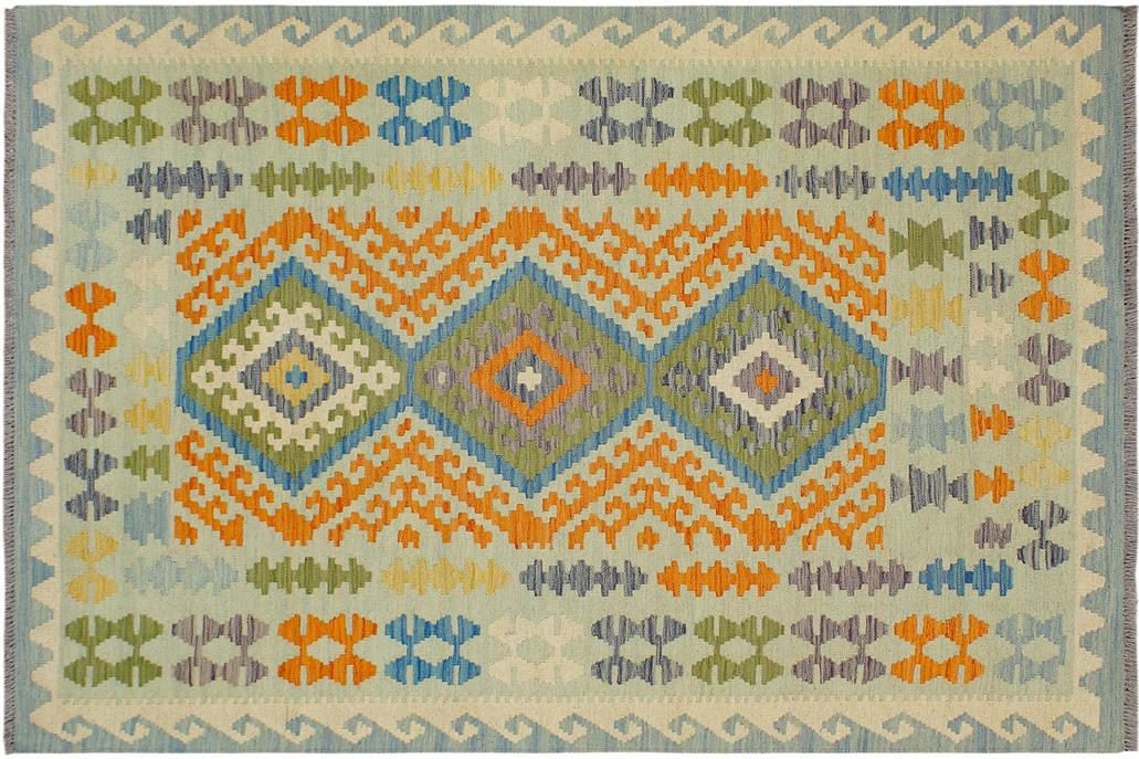 Flat Weave Kilim, Antique, Navaho, Vintage, Handmade, Geometric Kilim Blue Orange Hand-Woven Rectangle 100% Wool Area Rug 5 x 6