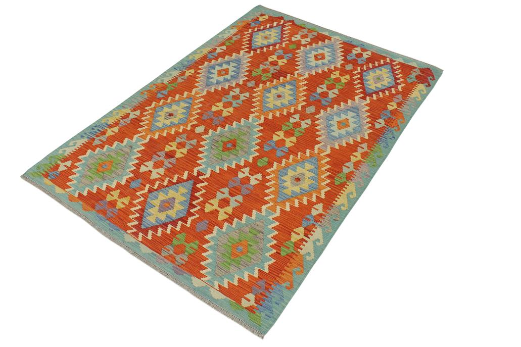 Flat Weave Kilim, Antique, Navaho, Vintage, Handmade, Modern Kilim Rust Blue Hand-Woven Rectangle 100% Wool Area Rug 5 x 7