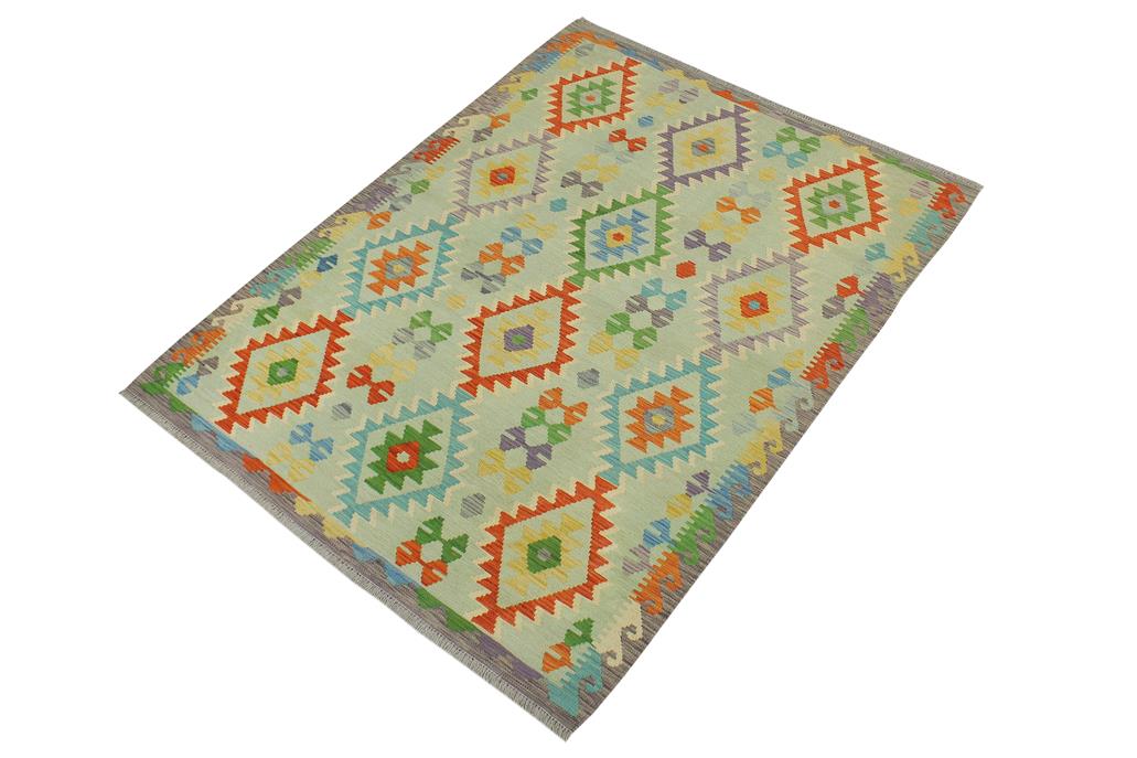 Flat Weave Kilim, Antique, Navaho, Vintage, Handmade, Geometric Kilim Blue Rust Hand-Woven Rectangle 100% Wool Area Rug 5 x 6