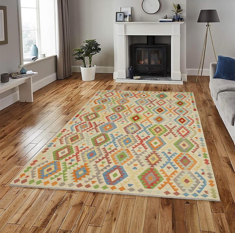 Flat Weave Kilim, Antique, Navaho, Vintage, Handmade, Geometric Kilim Beige Red Hand-Woven Rectangle 100% Wool Area Rug 7 x 10