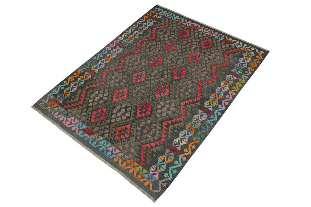 Flat Weave Kilim, Antique, Navaho, Vintage, Handmade, Geometric Kilim Charcoal Red Hand-Woven Rectangle 100% Wool Area Rug 6 x 8