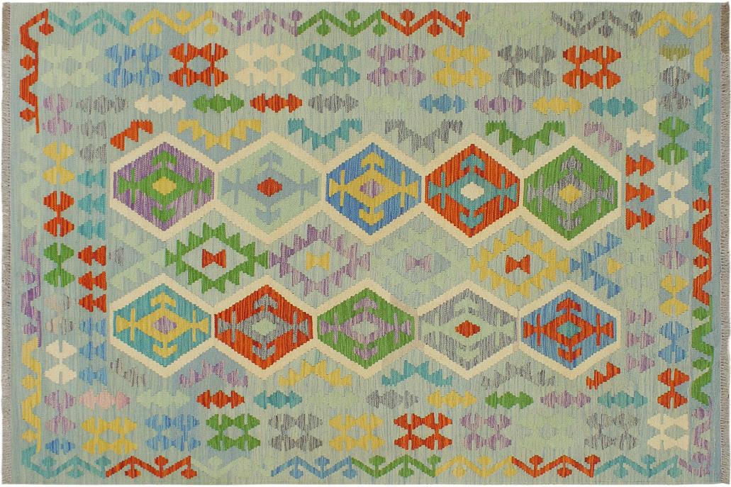 Flat Weave Kilim, Antique, Navaho, Vintage, Handmade, Geometric Kilim Blue Rust Hand-Woven Rectangle 100% Wool Area Rug 5 x 7