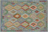 handmade Geometric Kilim Blue Rust Hand-Woven RECTANGLE 100% WOOL area rug 5 x 7
