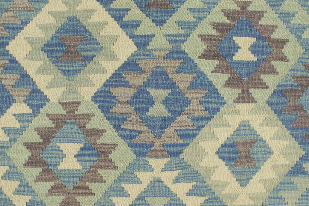 Flat Weave Kilim, Antique, Navaho, Vintage, Handmade, Geometric Kilim Blue Beige Hand-Woven Rectangle 100% Wool Area Rug 5 x 6