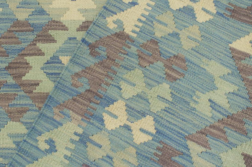 Flat Weave Kilim, Antique, Navaho, Vintage, Handmade, Geometric Kilim Blue Beige Hand-Woven Rectangle 100% Wool Area Rug 5 x 6