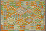 Flat Weave Kilim, Antique, Navaho, Vintage, Handmade, Geometric Kilim Orange Blue Hand-Woven Rectangle 100% Wool Area Rug 4 x 5