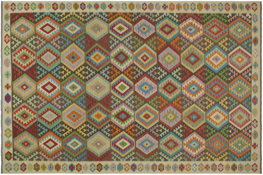 Flat Weave Kilim, Antique, Navaho, Vintage, Handmade, Geometric Kilim Brown Beige Hand-Woven Rectangle 100% Wool Area Rug 9 x 12