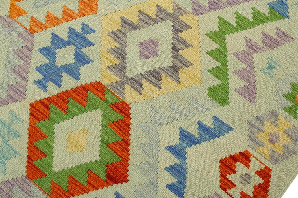 Flat Weave Kilim, Antique, Navaho, Vintage, Handmade, Geometric Kilim Blue Rust Hand-Woven Rectangle 100% Wool Area Rug 6 x 8