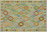 Flat Weave Kilim, Antique, Navaho, Vintage, Handmade, Geometric Kilim Blue Rust Hand-Woven Rectangle 100% Wool Area Rug 6 x 8
