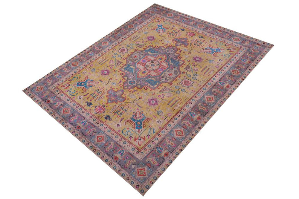 handmade Vintage Tabriz Yellow Gray Hand Knotted RECTANGLE 100% WOOL area rug 9X12