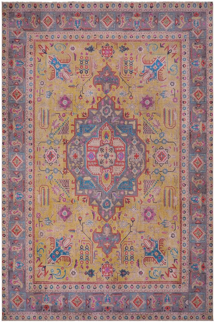 handmade Vintage Tabriz Yellow Gray Hand Knotted RECTANGLE 100% WOOL area rug 9X12