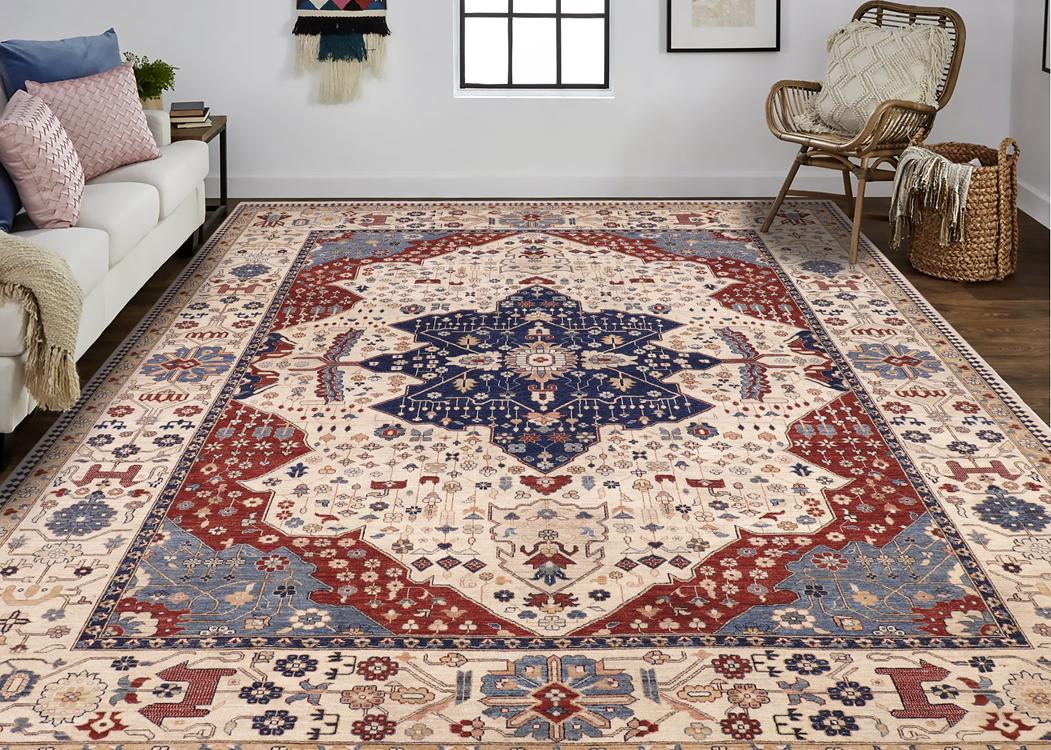 handmade Traditional Kafkaz Beige Blue Hand Knotted RECTANGLE 100% WOOL area rug 10 x 13