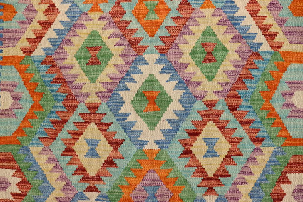 Flat Weave Kilim, Antique, Navaho, Vintage, Handmade, Geometric Kilim Blue Rust Hand-Woven Rectangle 100% Wool Area Rug 4 x 5