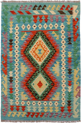 Flat Weave Kilim Antique Navaho Vintage handmade Geometric Kilim Rust Blue Hand-Woven Rectangle 100% Wool Area Rug 3x5