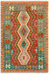 Flat Weave Kilim Antique Navaho Vintage handmade Geometric Kilim Rust Green Hand-Woven Rectangle 100% Wool Area Rug 4x5