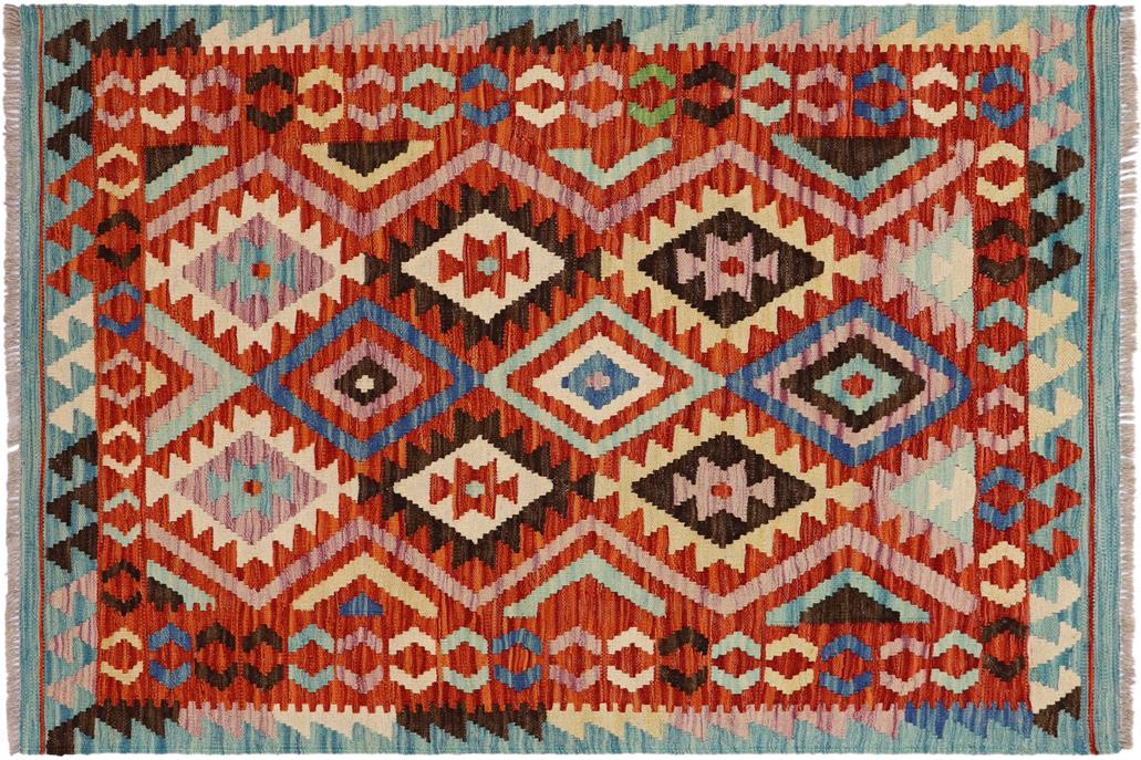 Flat Weave Kilim, Antique, Navaho, Vintage, Handmade, Geometric Kilim Rust Blue Hand-Woven Rectangle 100% Wool Area Rug 3 x 5