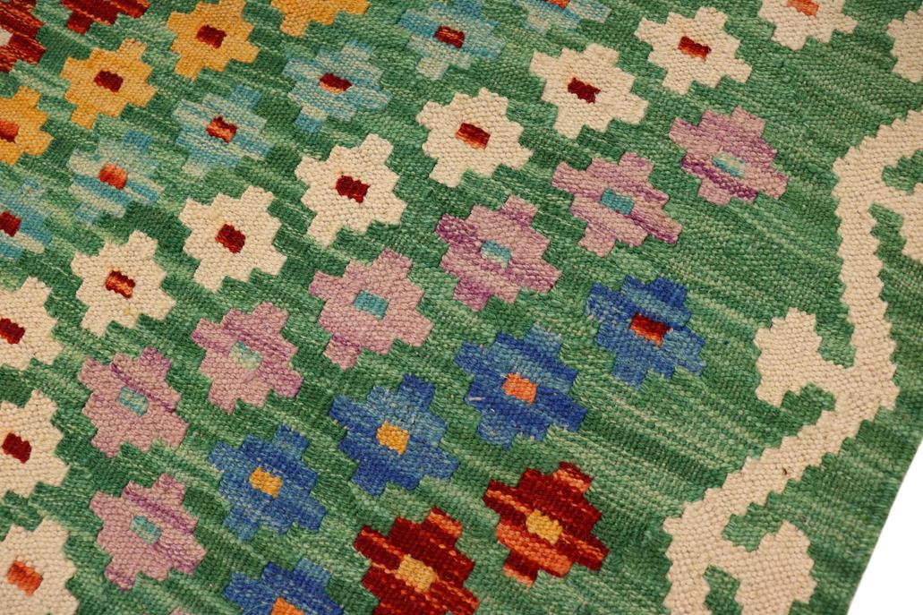 Flat Weave Kilim, Antique, Navaho, Vintage, Handmade, Modern Kilim Green Rust Hand-Woven Rectangle 100% Wool Area Rug 4 x 5