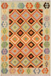 Flat Weave Kilim Antique Navaho Vintage handmade Geometric Kilim Rust Blue Hand-Woven Rectangle 100% Wool Area Rug 4x6