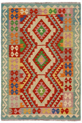 Flat Weave Kilim Antique Navaho Vintage handmade Geometric Kilim Rust Blue Hand-Woven Rectangle 100% Wool Area Rug 4x6