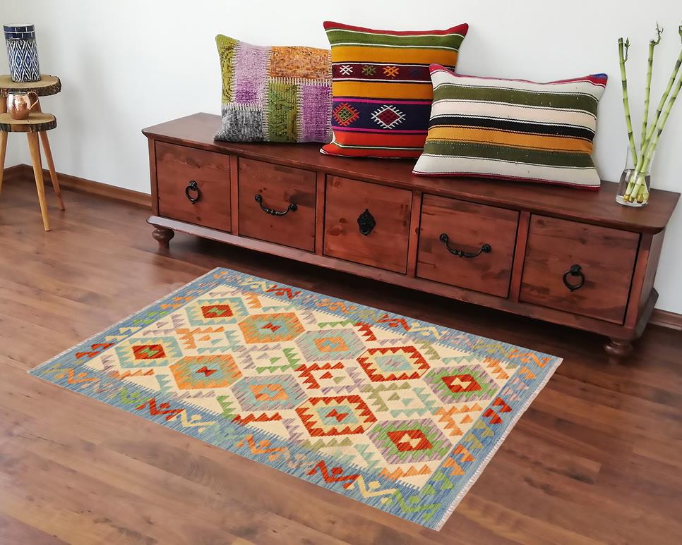 Flat Weave Kilim, Antique, Navaho, Vintage, Handmade, Geometric Kilim Beige Blue Hand-Woven Rectangle 100% Wool Area Rug 3 x 5