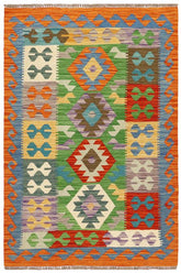 Flat Weave Kilim Antique Navaho Vintage handmade Geometric Kilim Green Rust Hand-Woven Rectangle 100% Wool Area Rug 3x5