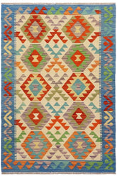 Flat Weave Kilim Antique Navaho Vintage handmade Geometric Kilim Beige Blue Hand-Woven Rectangle 100% Wool Area Rug 3x5