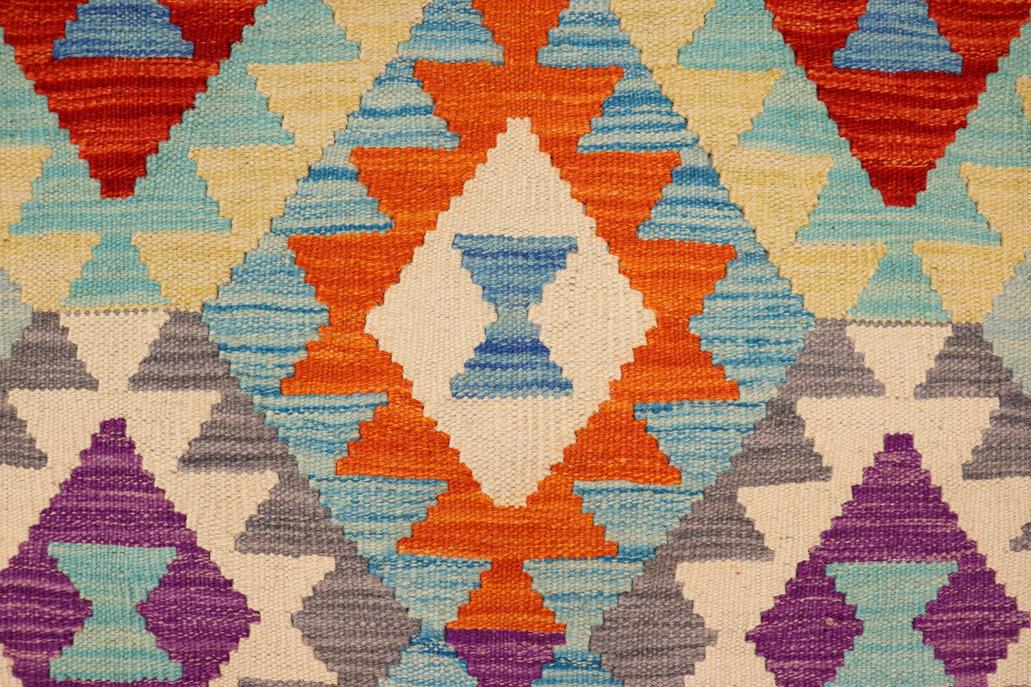 Flat Weave Kilim, Antique, Navaho, Vintage, Handmade, Geometric Kilim Blue Rust Hand-Woven Rectangle 100% Wool Area Rug 3 x 5